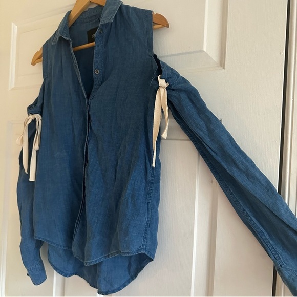 Rails Chambray Blue Button Down Open Shoulder Ribbon Boho Minimalist Size XS - Picture 6 of 10